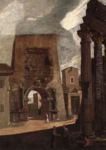 A Southern Street Scene With Figures By Classical Ruins by Viviano Codazzi