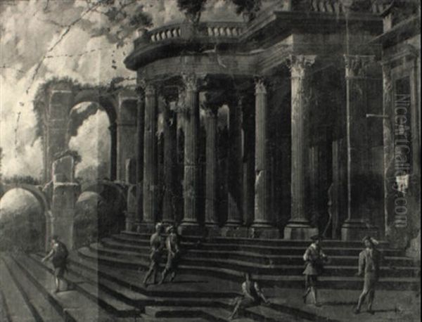 Figures On A Staircase Before The Porch Of A Palatial Building & Figures In A Grand Hall - view 1