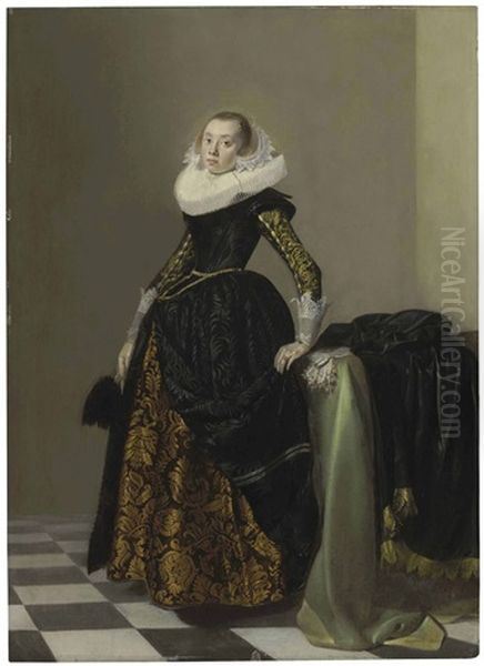 Portrait Of A Richly Dressed Young Lady, Full-length, Before A Draped Table - view 1