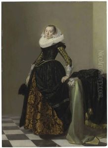 Portrait Of A Richly Dressed Young Lady, Full-length, Before A Draped Table by Pieter Codde