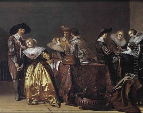 A Merry Company Conversing In An Interior, A Lute, A Flute And Books On A Draped Table - view 1