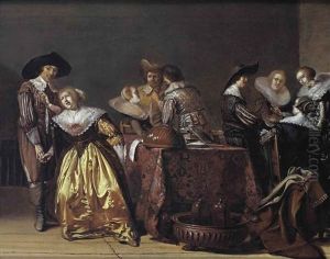 A Merry Company Conversing In An Interior, A Lute, A Flute And Books On A Draped Table by Pieter Codde