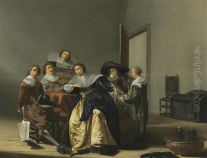 An Interior With Figures Around A Table by Pieter Codde