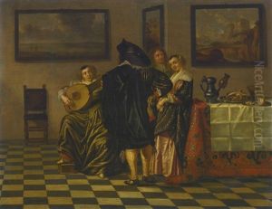 Interior Scene With A Seated Lady Playing The Lute, Two Finely-dressed Gentleman, And Another Lady Leaning Against A Table Draped With A Persian Rug And White Linen, Upon Which Stand A Pewter Jug, An Unfinished Pie And A Peeled Lemon by Pieter Codde