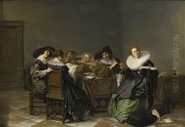 An Interior With Musicians Seated Around A Table - view 1