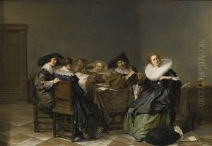 An Interior With Musicians Seated Around A Table by Pieter Codde