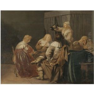 A Brothel Scene With Elegant Figures At A Table, A Maid Pouring Drinks And An Elderly Lady Counting Money