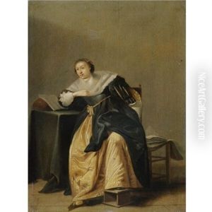 An Interior With An Elegantly Dressed Lady Seated At A Table by Pieter Codde