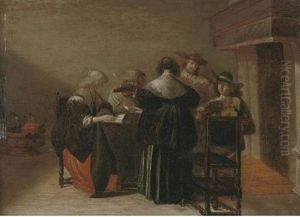 Elegant Company Making Music In An Interior by Pieter Codde