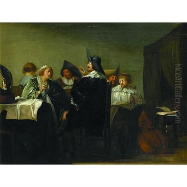 An Interior Scene With Figures Gathered Around A Table - view 1