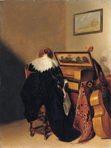 An Interior With A Lady Seated At Virginals, Seen From Behind, A Viola Da Gamba Resting Beside Her - view 1