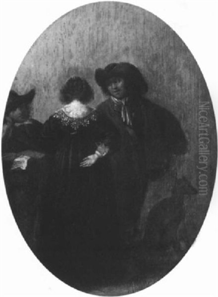 Jeune Femme De Dos Conversant Avec Deux Galants - view 1