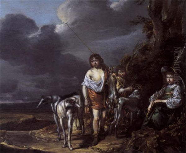 Young Huntsmen And A Shepherdess With Hounds In A Dune Landscape - view 1