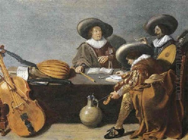 Officers Smoking And Music-making In An Interior - view 1