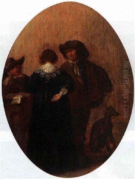 Two Men And A Lady Conversing Around A Table, With A Dog Beside - view 1