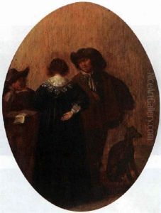 Two Men And A Lady Conversing Around A Table, With A Dog Beside by Pieter Codde