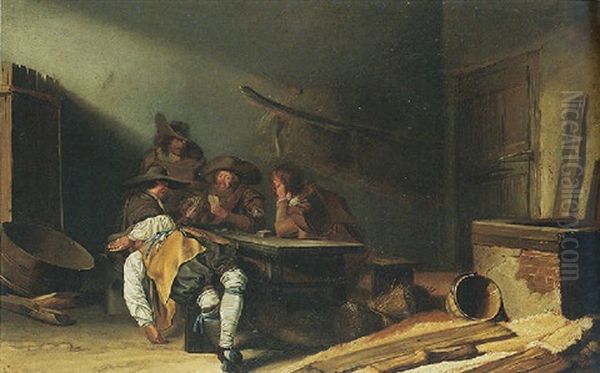 A Barn Interior With Men Playing Cards And Another Resting On A Bench - view 1