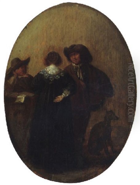 An Interior With Two Gentlemen Conversing With A Lady - view 1