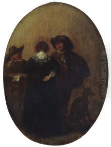 An Interior With Two Gentlemen Conversing With A Lady by Pieter Codde