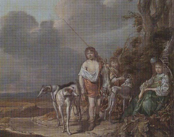 A Dune Landscape With A Young Girl Seated And Two Young Boys Returning From A Hunt Accompanied By Their Hounds - view 1