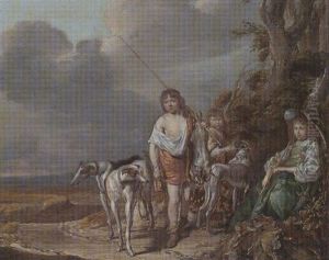 A Dune Landscape With A Young Girl Seated And Two Young Boys Returning From A Hunt Accompanied By Their Hounds A Dune Landscape With A Young Girl Seated And Two Young Boys Returning From A Hunt Accompanied By Their Hounds