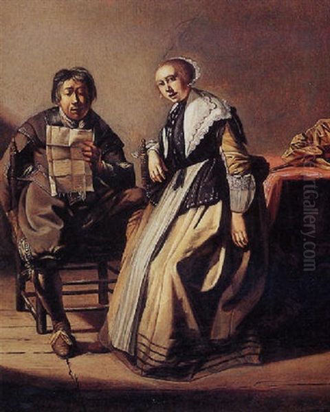 A Man And Woman Seated In An Interior, The Man Reading A Letter - view 1