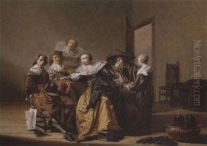 Elegant Company Making Music In An Interior by Pieter Codde