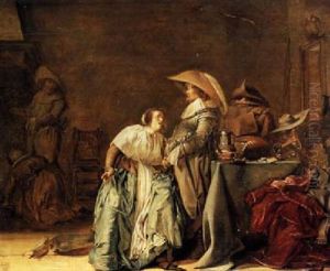 A Cortegaardje: An Interior With A Couple Conversing, The Lady Seated, The Soldier Standing By A Table by Pieter Codde