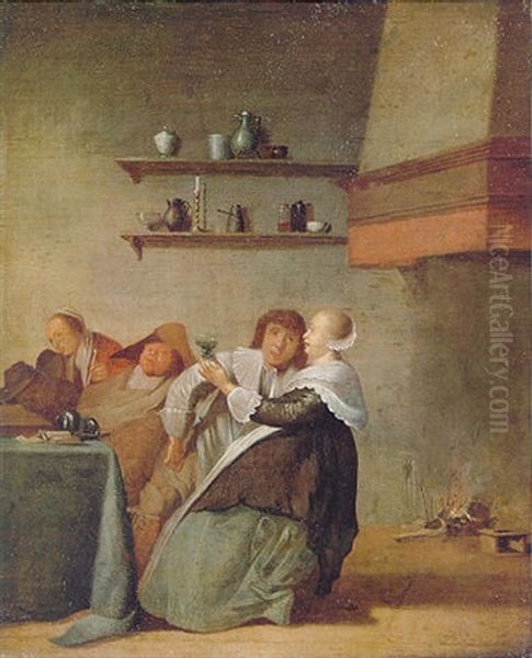 A Tavern Interior With Figures Drinking And Sleeping Around A Table Beside A Fireplace - view 1