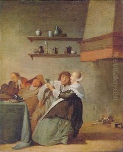 A Tavern Interior With Figures Drinking And Sleeping Around A Table Beside A Fireplace by Pieter Codde