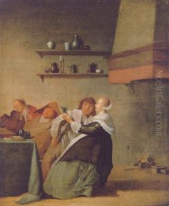 A Tavern Interor With Figures Drinking And Sleeping Around A Table Beside A Fireplace by Pieter Codde