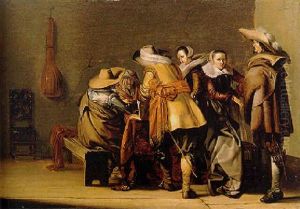 An Interior With Militiamen Playing Tric-trac Watched By Two Elegant Women by Pieter Codde