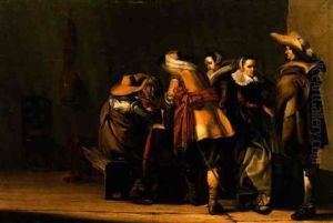 An Interior With Militiamen Playing Tric-trac Watched By Two Elegant Women