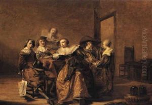 A Musical Party Seated Around A Table In An Interior