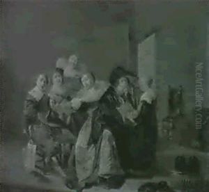 An Interior With Elegant Company Seated Around A Table by Pieter Codde