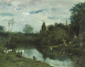 Ducks On The River (+ Washerwomen By A Pond; Pair) by Victoriano Codina Y Langlin