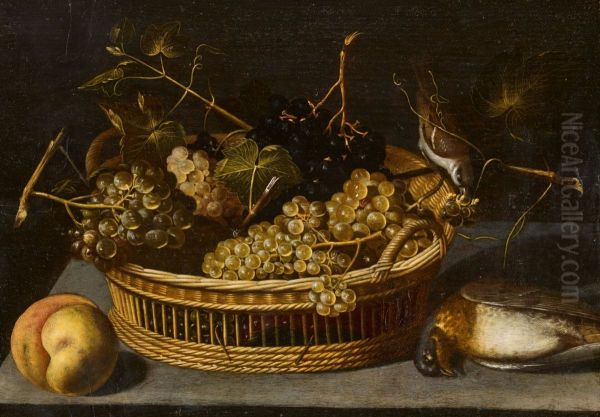 Still Life With A Basket Of Grapes, A Peach, And Birds - view 1
