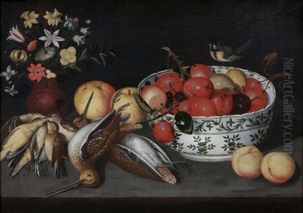 Composition Au Panier D'abricots Et Aux Fleurs Et Composition A La Coupe De Prunes, Aux Becasses Et Aux Grives (pair) - view 1