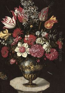 A Stock, Chrysanthemums, Roses, Anemones, Parrot Tulips, And Other Flowers In A Classical Urn On A Plinth, With A Butterfly And Dragonfly