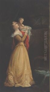 Lady Standing With Child And Birdcage