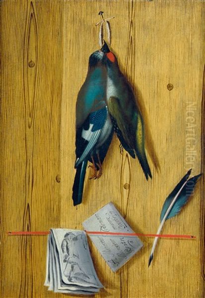 Trompe L'oeil Mit Singvogeln, Federkiel Und Brief - view 1