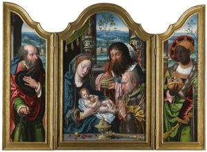 A Triptych: The Adoration Of The Magi; With Saint Joseph (left Wing) And Balthazar (right Wing) by Pieter Ii Coecke Van Aelst