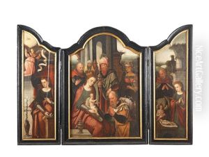 A Triptych: The Central Panel: The Adoration Of The Magi; The Left Wing: The Annunciation; And The Right Wing: The Rest On The Flight Into Egypt by Pieter Ii Coecke Van Aelst