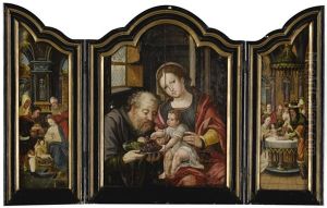 A Triptych: Central Panel: The Holy Family Left Panel: The Adoration Of The Shepherds Right Panel: The Circumcision by Pieter Ii Coecke Van Aelst