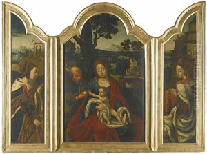 A Triptych: The Holy Family Flanked By Saint Catherine And Saint Barbara by Pieter Ii Coecke Van Aelst