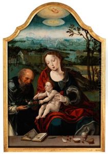 Die Heilige Familie In Landschaft Mit Gottvater In Den Wolken by Pieter Ii Coecke Van Aelst