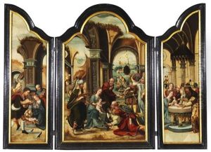 Triptychon Mit Der Anbetung Der Konige. Auf Den Seitenflugeln Die Anbetung Der Hirten Und Die Darbringung Im Tempel