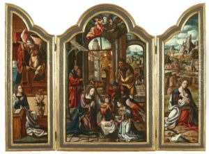 The Adoration Of The Shepherds, The Annunciation, The Rest On The Flight To Egypt (triptych) by Pieter Ii Coecke Van Aelst
