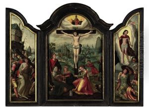 The Crucifixion With The Holy Virgin, Saint John The Evangelist And Saint Mary Magdalene (+ 2 Others; Triptych) by Pieter Ii Coecke Van Aelst