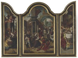 The Adoration Of The Magi; The Adoration Of The Shepherds; The Presentation In The Temple (triptych) by Pieter Ii Coecke Van Aelst